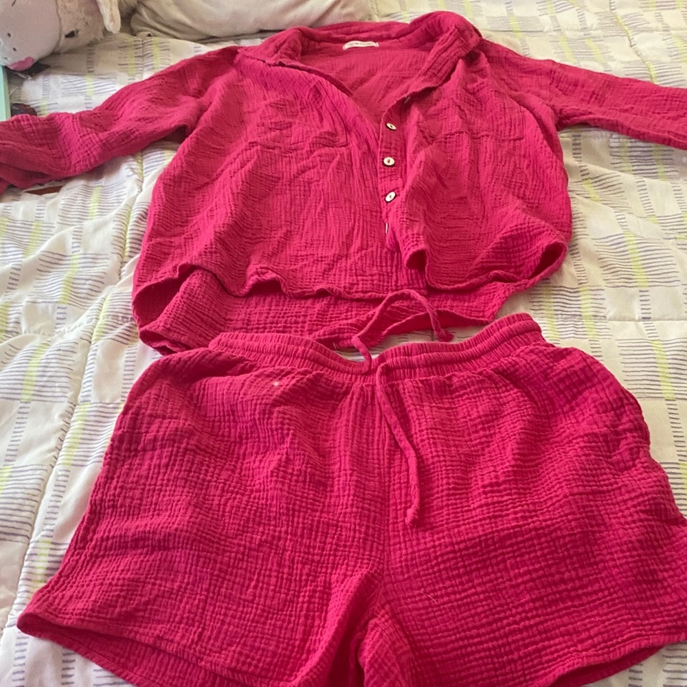 Women's Pink Button-Up Shirt and Shorts Set